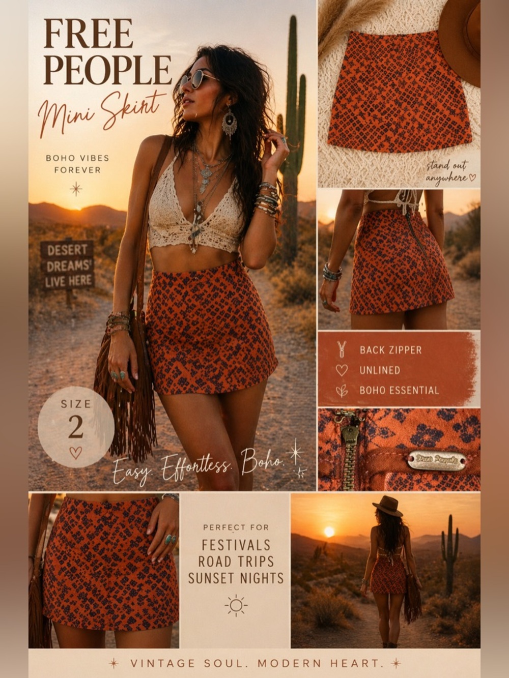 Free People Mini Skirt Orange Print Size 2 Boho Y2K